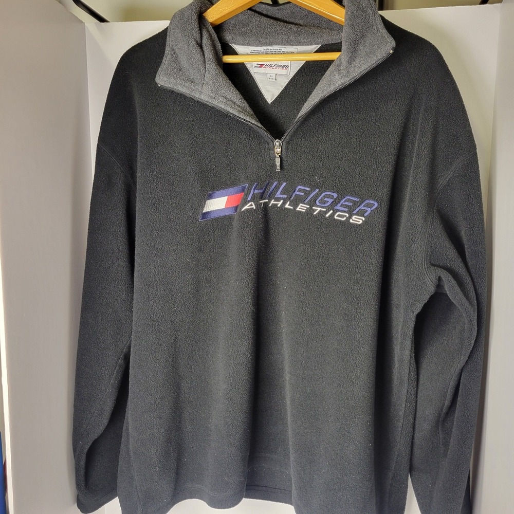 Tommy Hilfiger Athletics Mens Black Fleece Quarter Zip Pullover Vintage Large